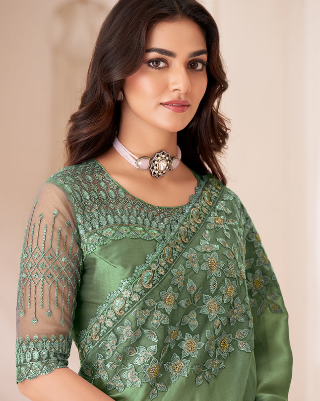 Awesome Sage Green Satin Silk Embroidered Wedding Saree