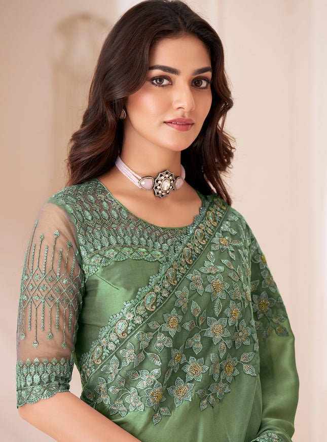 Awesome Sage Green Satin Silk Embroidered Wedding Saree