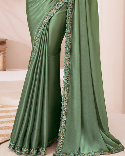 Awesome Sage Green Satin Silk Embroidered Wedding Saree