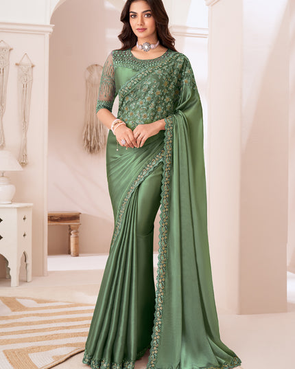 Awesome Sage Green Satin Silk Embroidered Wedding Saree