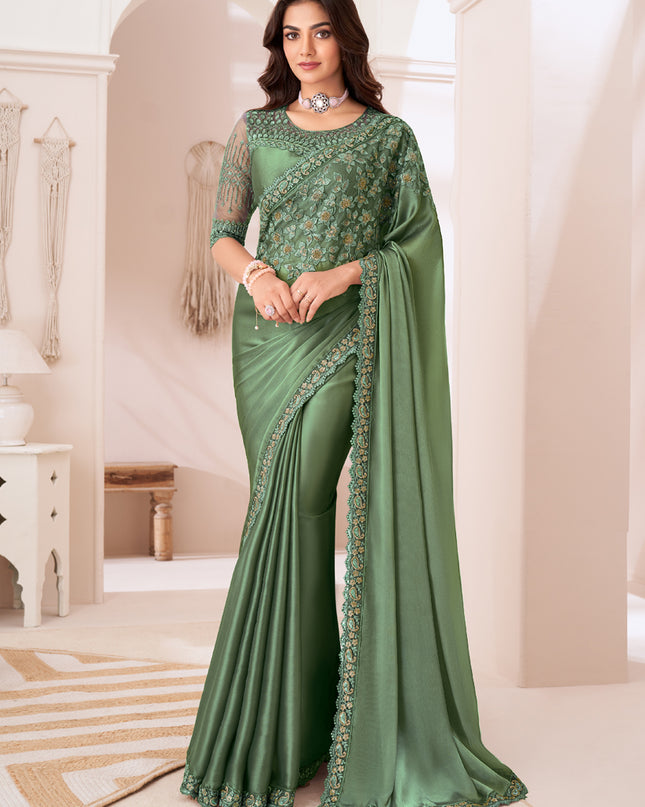 Awesome Sage Green Satin Silk Embroidered Wedding Saree
