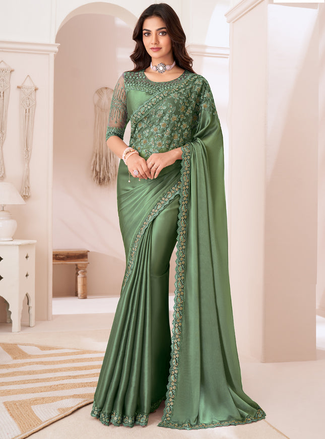 Awesome Sage Green Satin Silk Embroidered Wedding Saree