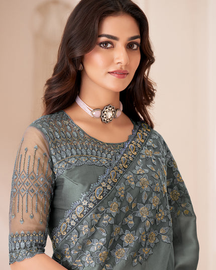 Glamorous Slate Grey Satin Silk Embroidered Wedding Saree