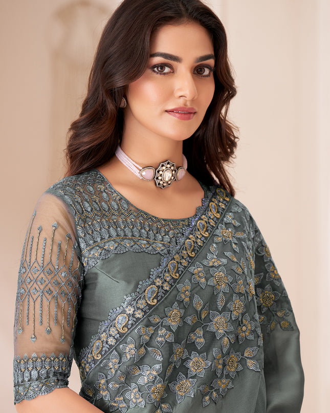 Glamorous Slate Grey Satin Silk Embroidered Wedding Saree