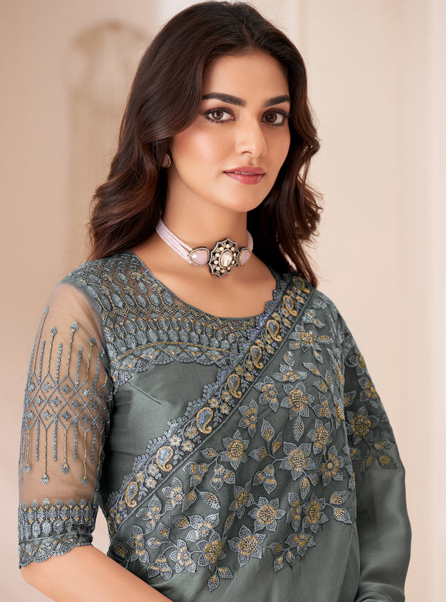 Glamorous Slate Grey Satin Silk Embroidered Wedding Saree