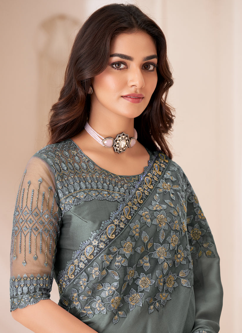 Glamorous Slate Grey Satin Silk Embroidered Wedding Saree