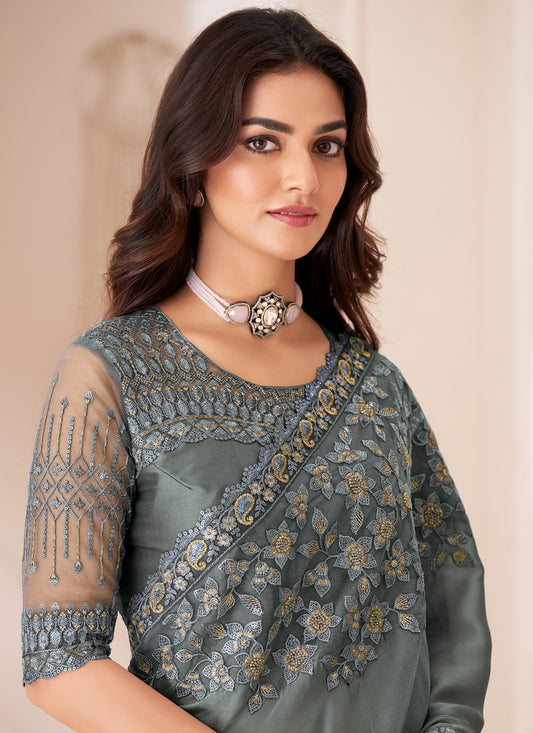 Glamorous Slate Grey Satin Silk Embroidered Wedding Saree