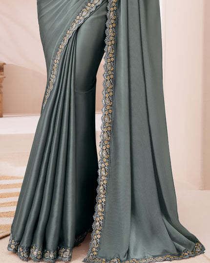 Glamorous Slate Grey Satin Silk Embroidered Wedding Saree