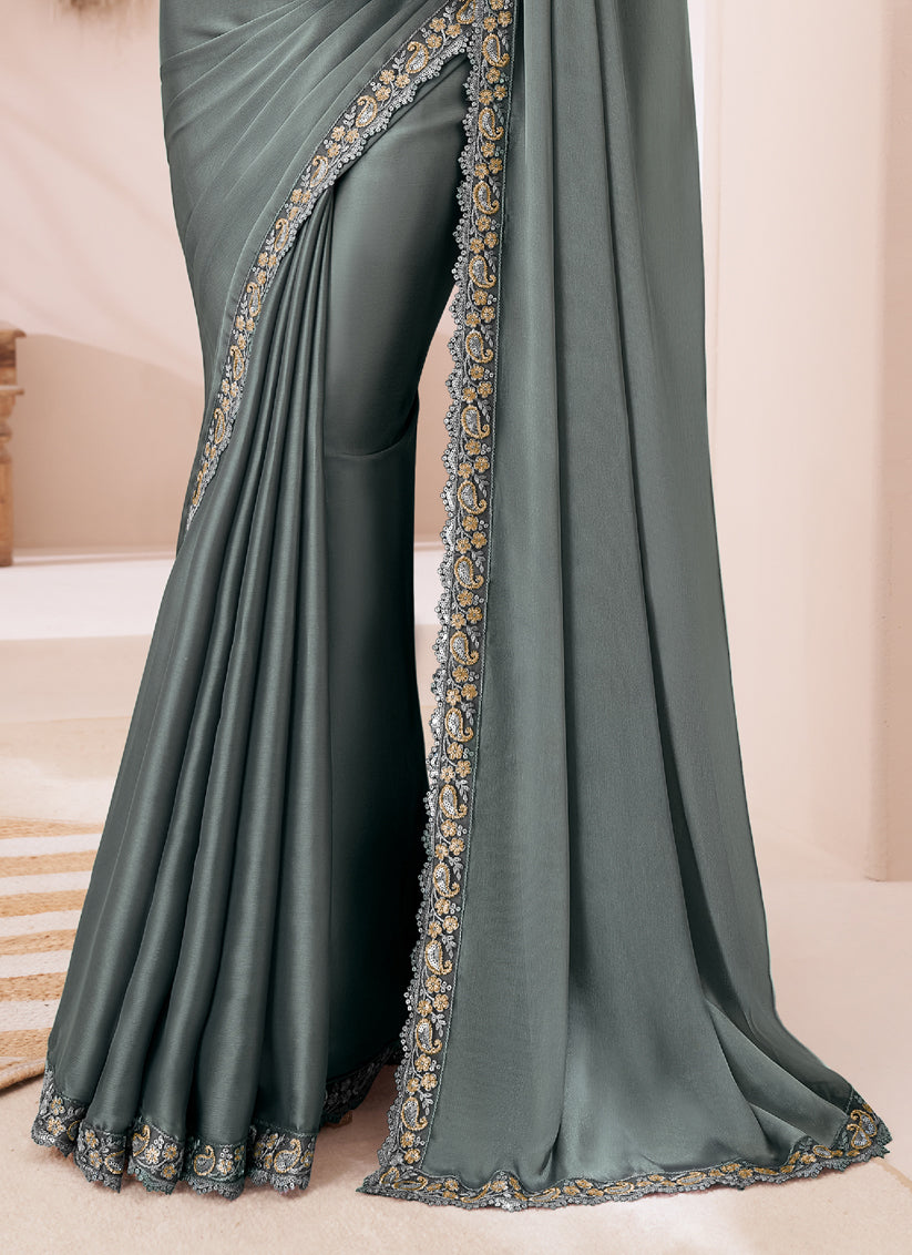 Glamorous Slate Grey Satin Silk Embroidered Wedding Saree