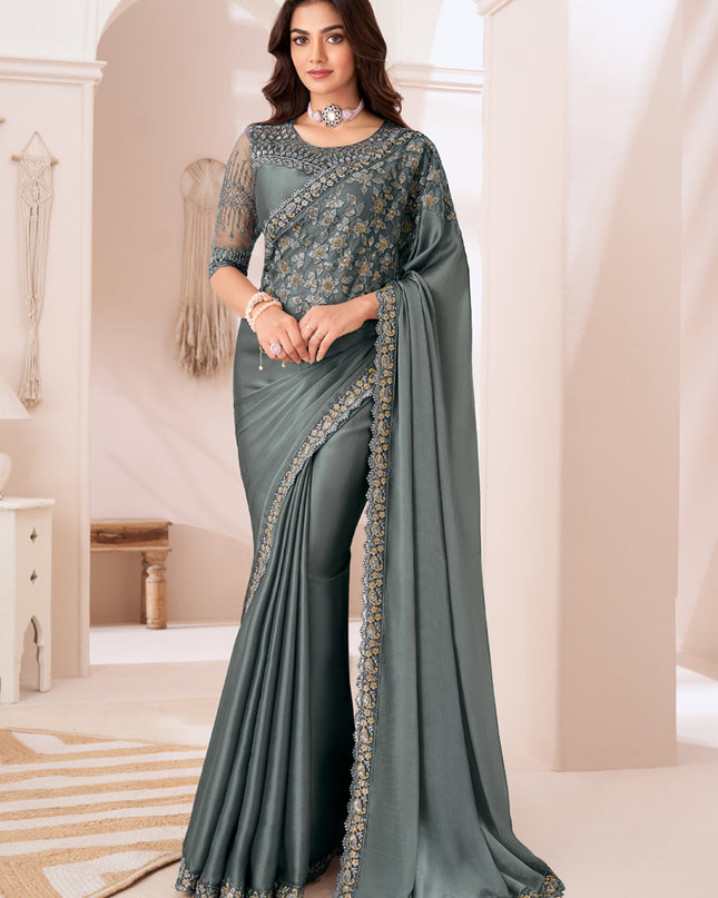 Glamorous Slate Grey Satin Silk Embroidered Wedding Saree