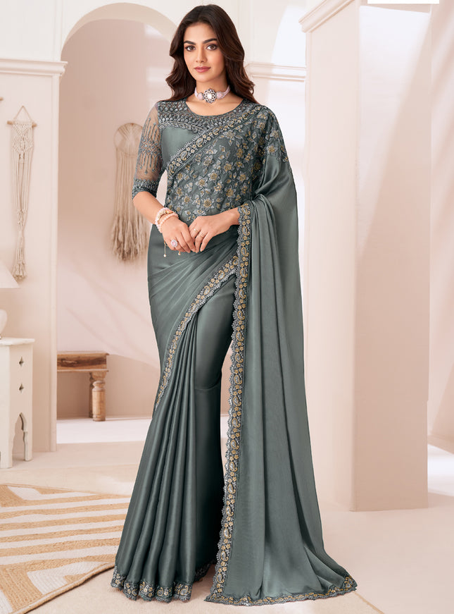 Glamorous Slate Grey Satin Silk Embroidered Wedding Saree