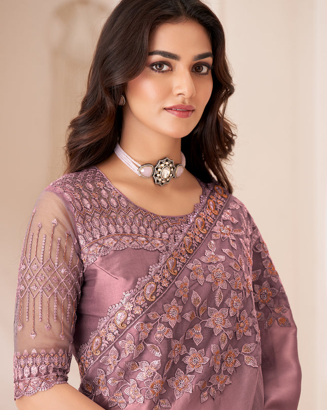 Marvelous Old Rose Satin Silk Embroidered Wedding Saree