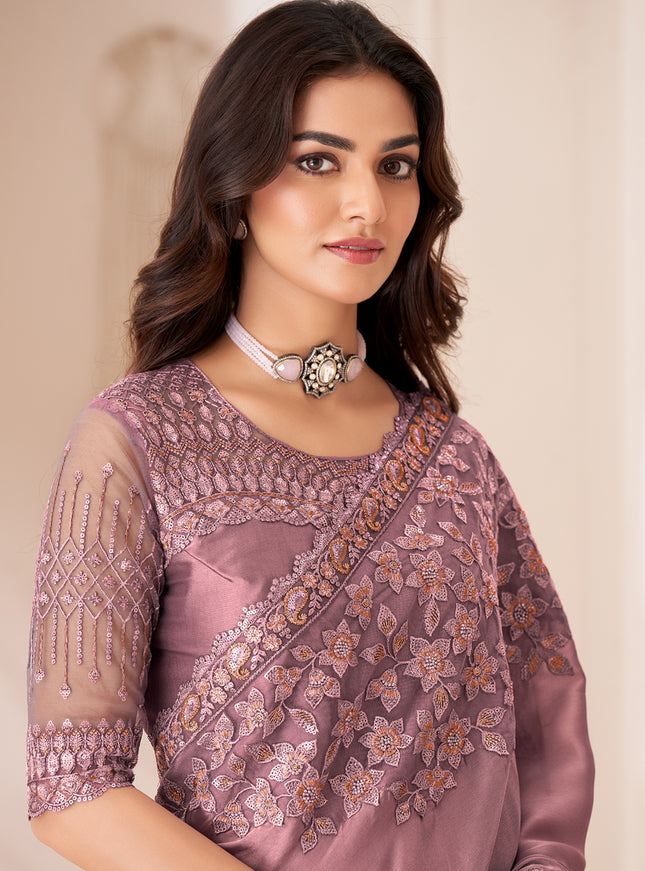 Marvelous Old Rose Satin Silk Embroidered Wedding Saree