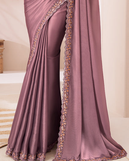 Marvelous Old Rose Satin Silk Embroidered Wedding Saree