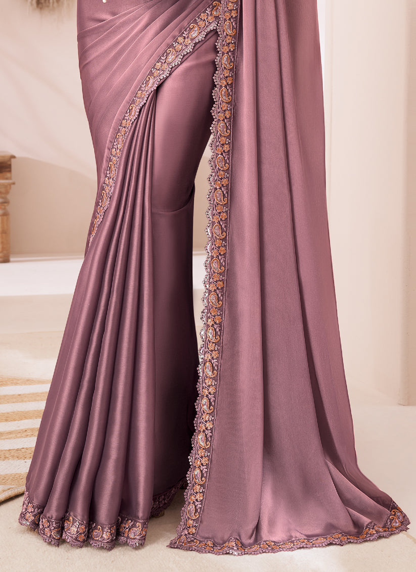 Marvelous Old Rose Satin Silk Embroidered Wedding Saree