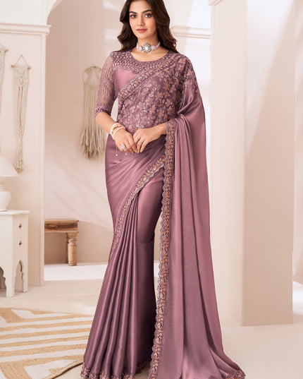 Marvelous Old Rose Satin Silk Embroidered Wedding Saree