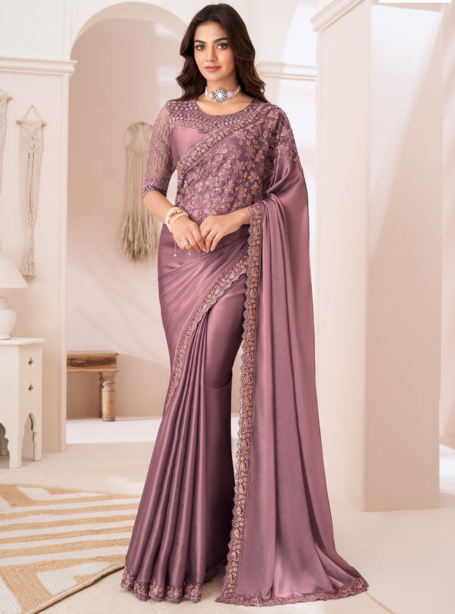 Marvelous Old Rose Satin Silk Embroidered Wedding Saree