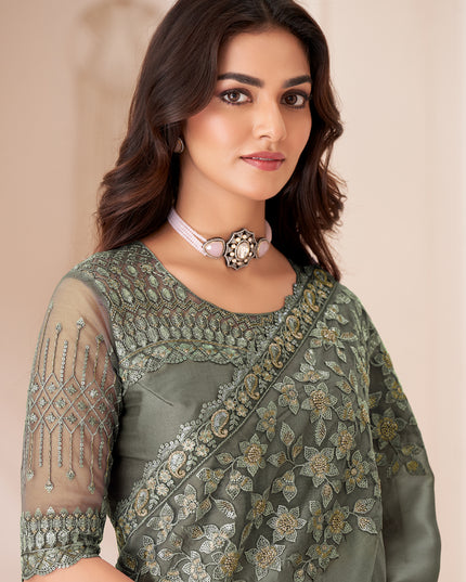 Stunning Moss Grey Satin Silk Embroidered Wedding Saree