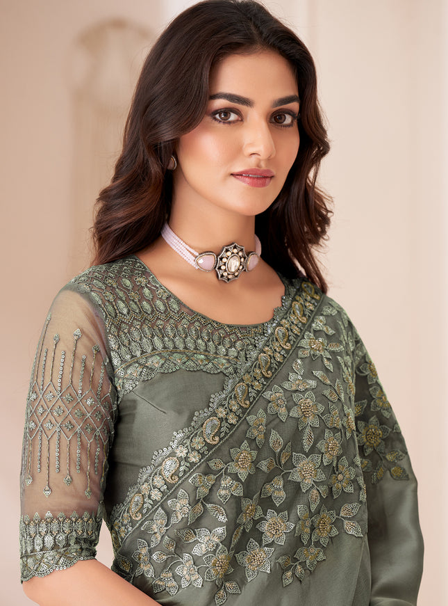 Stunning Moss Grey Satin Silk Embroidered Wedding Saree