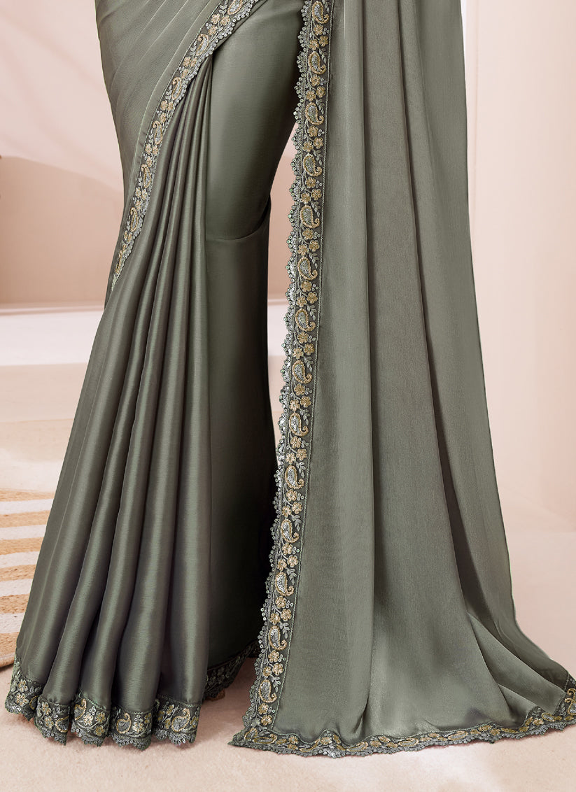 Stunning Moss Grey Satin Silk Embroidered Wedding Saree