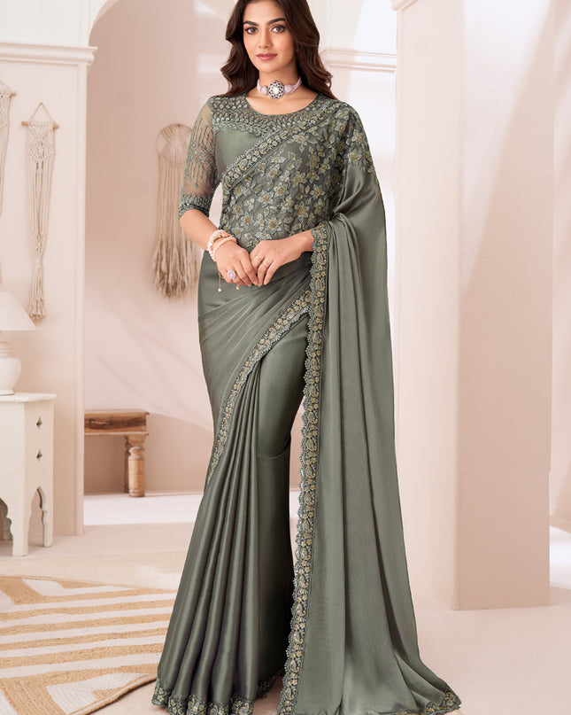 Stunning Moss Grey Satin Silk Embroidered Wedding Saree