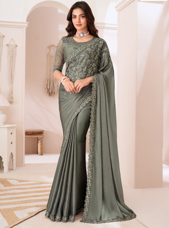 Stunning Moss Grey Satin Silk Embroidered Wedding Saree