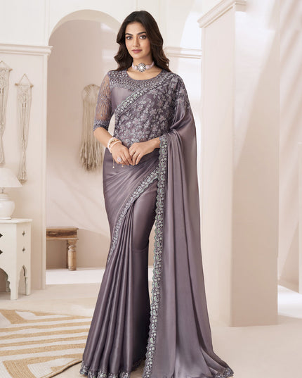 Dusty Grey Embroidered Saree with Designer Blouse