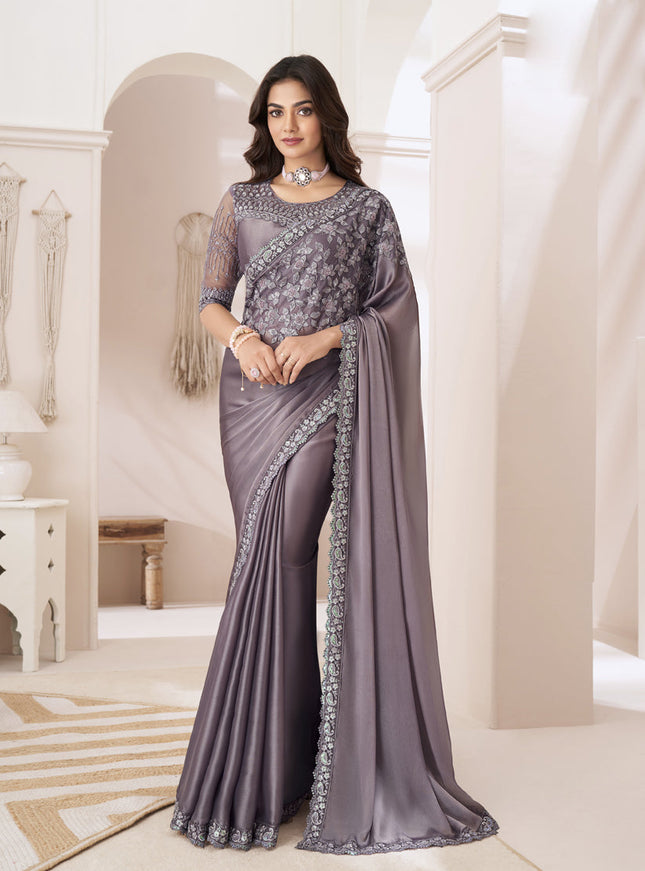 Dusty Grey Embroidered Saree with Designer Blouse