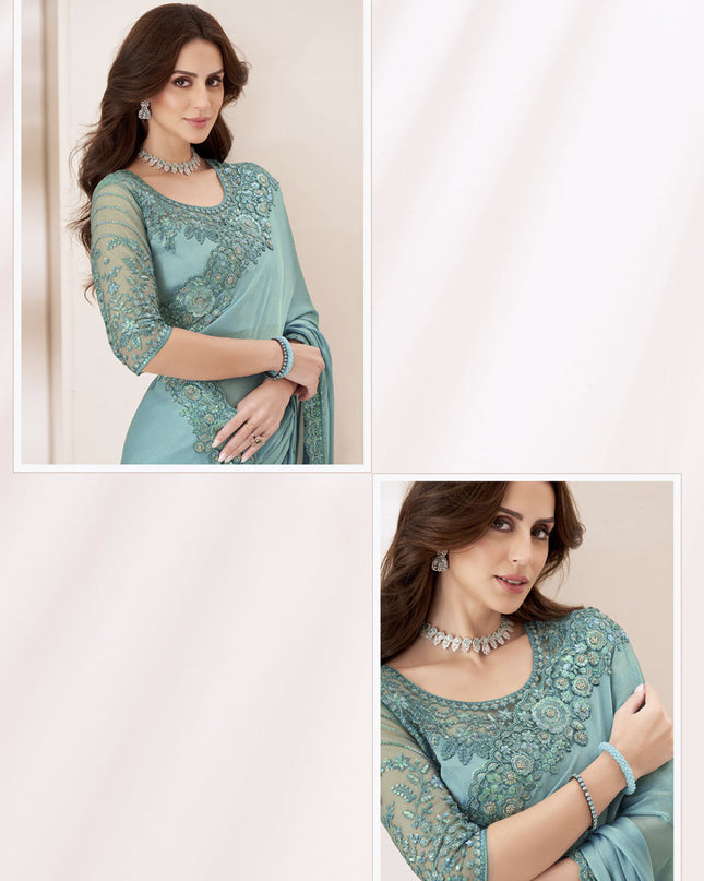Mint Blue Embroidered Saree with Designer Blouse