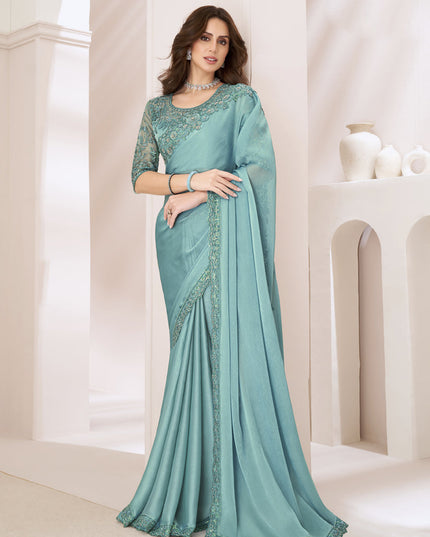 Mint Blue Embroidered Saree with Designer Blouse