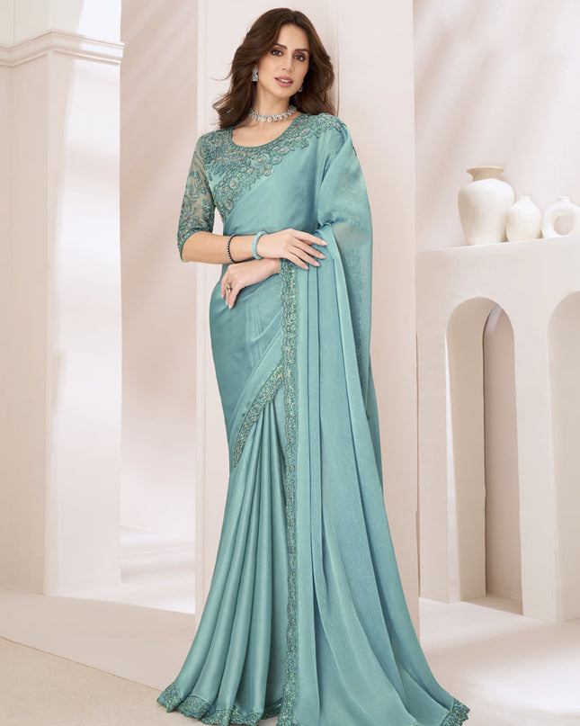 Mint Blue Embroidered Saree with Designer Blouse
