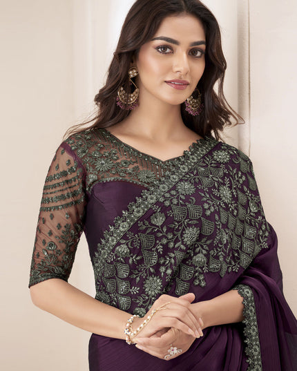 Burgundy Embroidered Saree with Designer Blouse