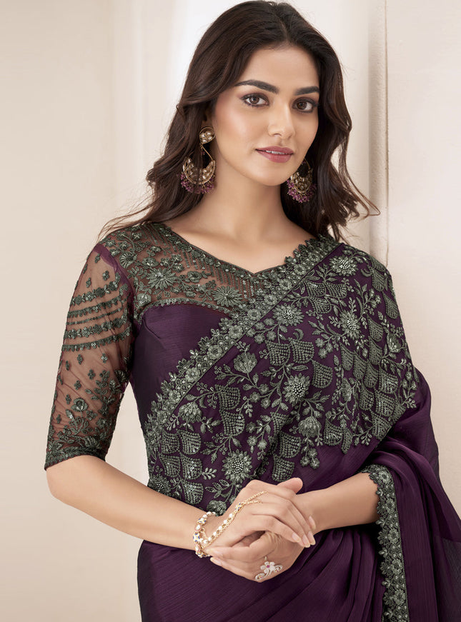 Burgundy Embroidered Saree with Designer Blouse