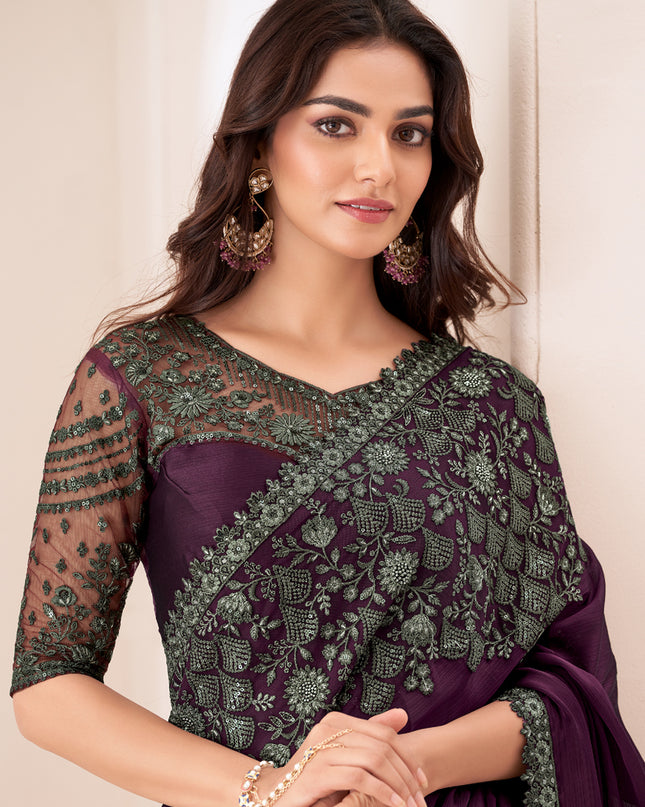 Wonderful Burgundy Satin Chiffon Embroidered Designer Saree