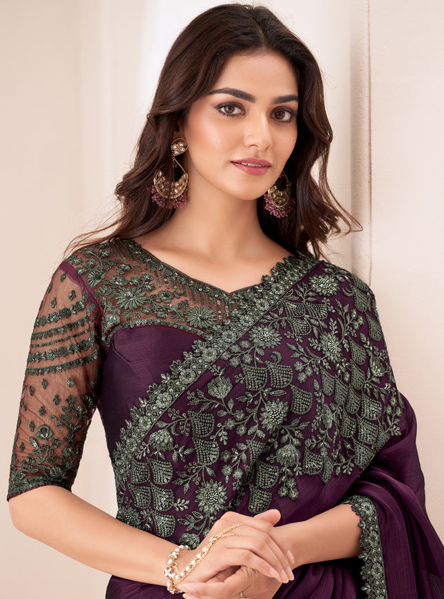 Wonderful Burgundy Satin Chiffon Embroidered Designer Saree
