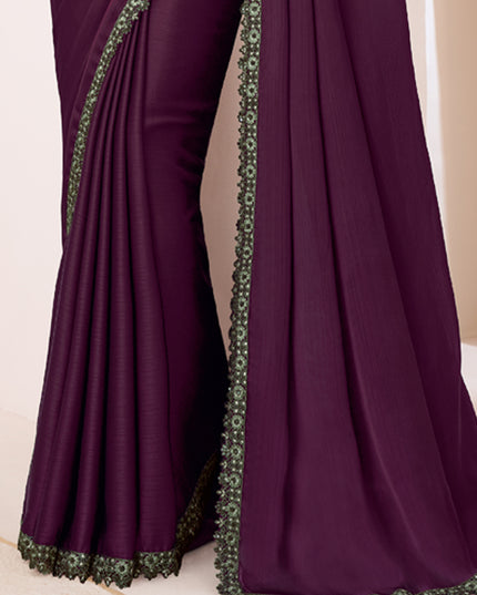 Wonderful Burgundy Satin Chiffon Embroidered Designer Saree
