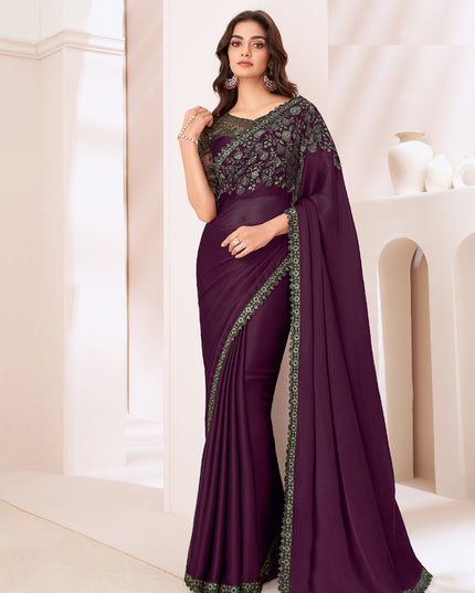 Wonderful Burgundy Satin Chiffon Embroidered Designer Saree