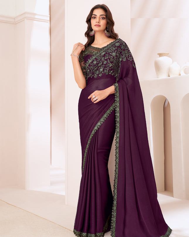 Wonderful Burgundy Satin Chiffon Embroidered Designer Saree