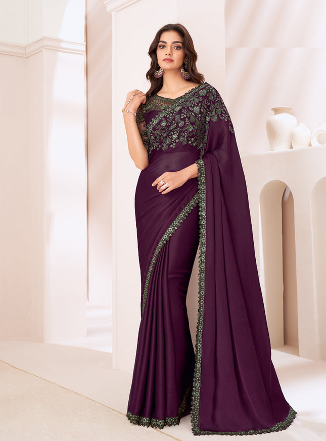 Wonderful Burgundy Satin Chiffon Embroidered Designer Saree