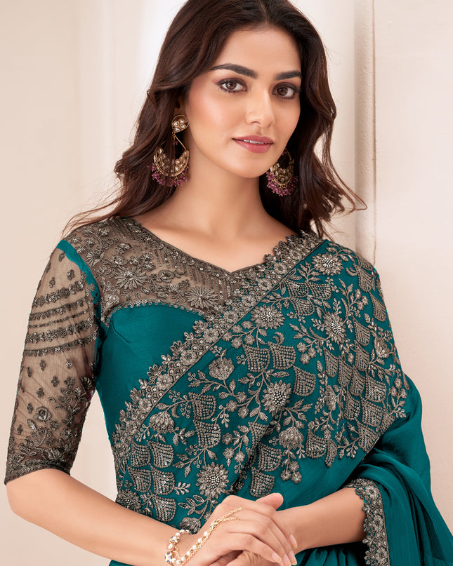 Gorgeous Teal Green Satin Chiffon Embroidered Designer Saree