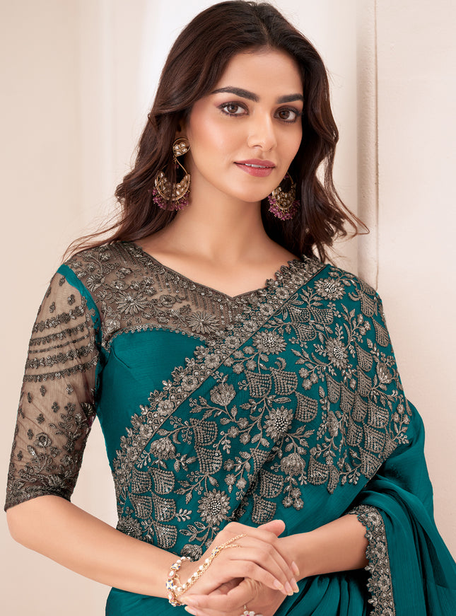 Gorgeous Teal Green Satin Chiffon Embroidered Designer Saree