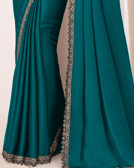Gorgeous Teal Green Satin Chiffon Embroidered Designer Saree
