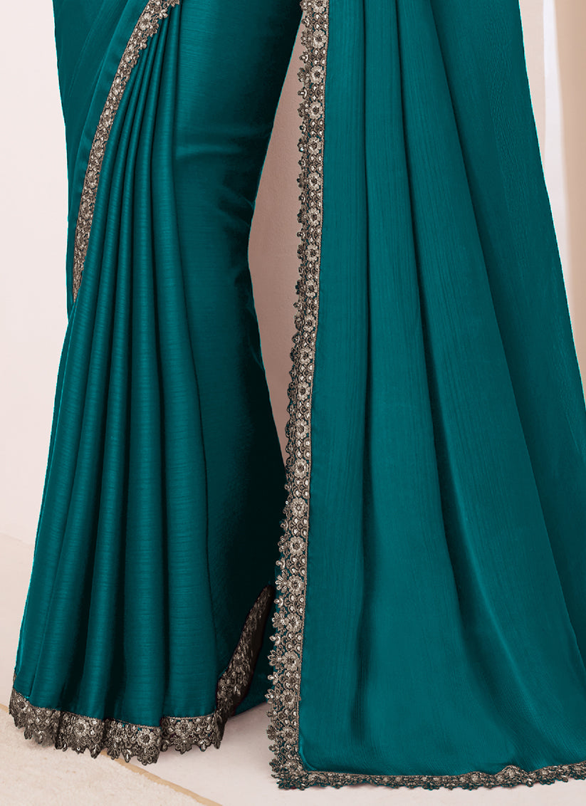 Gorgeous Teal Green Satin Chiffon Embroidered Designer Saree