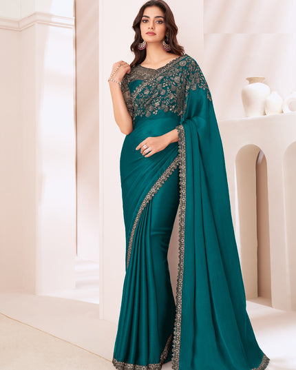 Gorgeous Teal Green Satin Chiffon Embroidered Designer Saree
