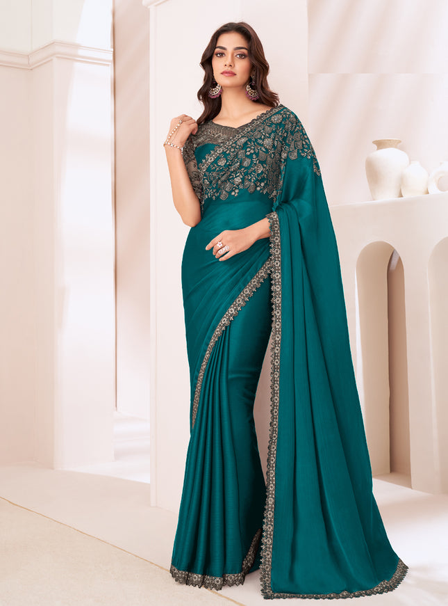 Gorgeous Teal Green Satin Chiffon Embroidered Designer Saree
