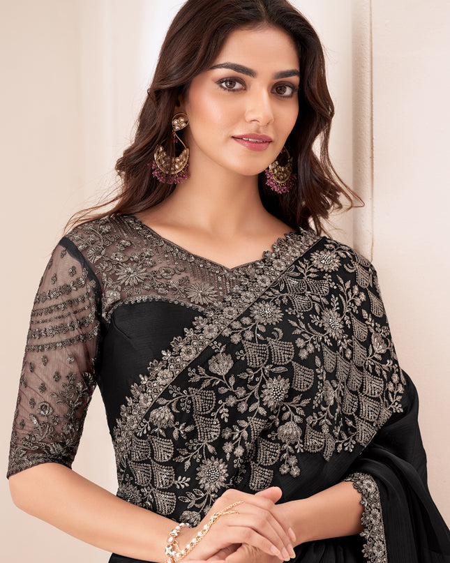 Astonishing Black Satin Chiffon Embroidered Designer Saree