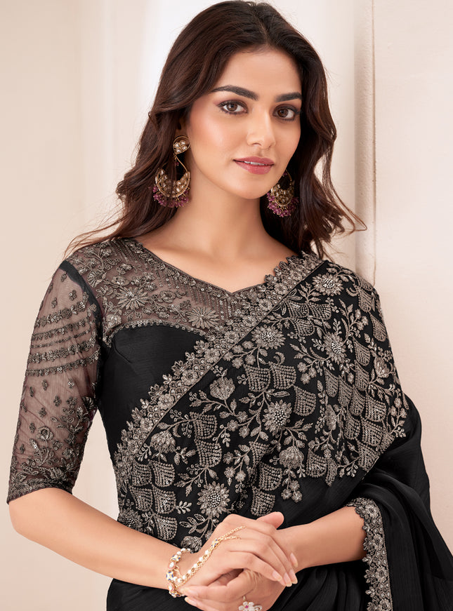 Astonishing Black Satin Chiffon Embroidered Designer Saree