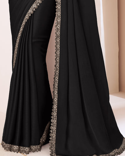 Astonishing Black Satin Chiffon Embroidered Designer Saree