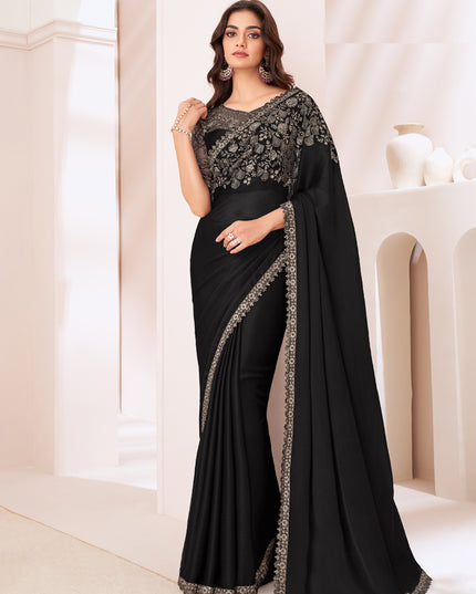 Astonishing Black Satin Chiffon Embroidered Designer Saree