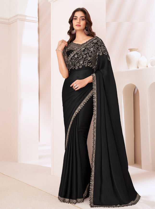 Astonishing Black Satin Chiffon Embroidered Designer Saree